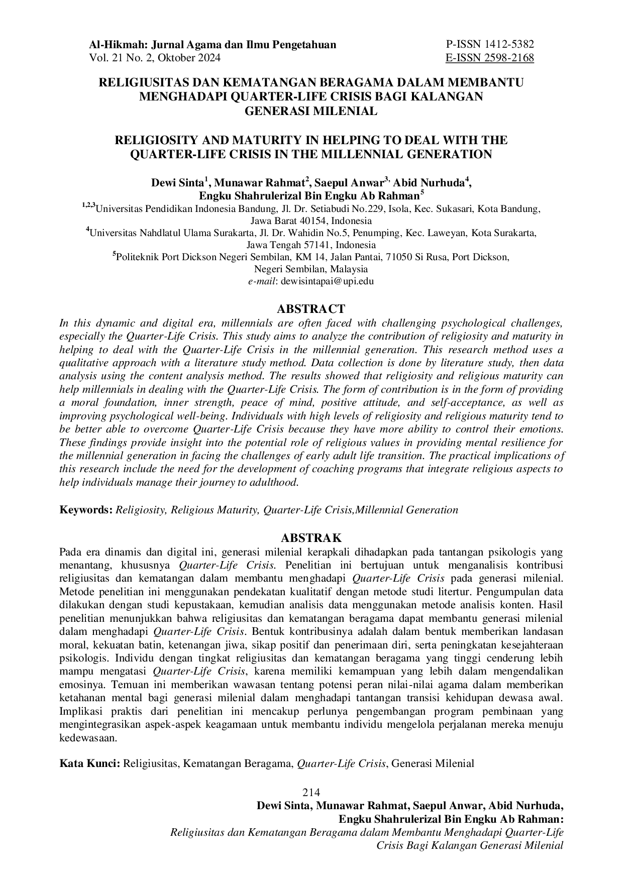 JURIS Religiusitas dan Kematangan Beragama dalam Membantu Menghadapi Quarter Life Crisis Bagi Kalangan Generasi Milenial