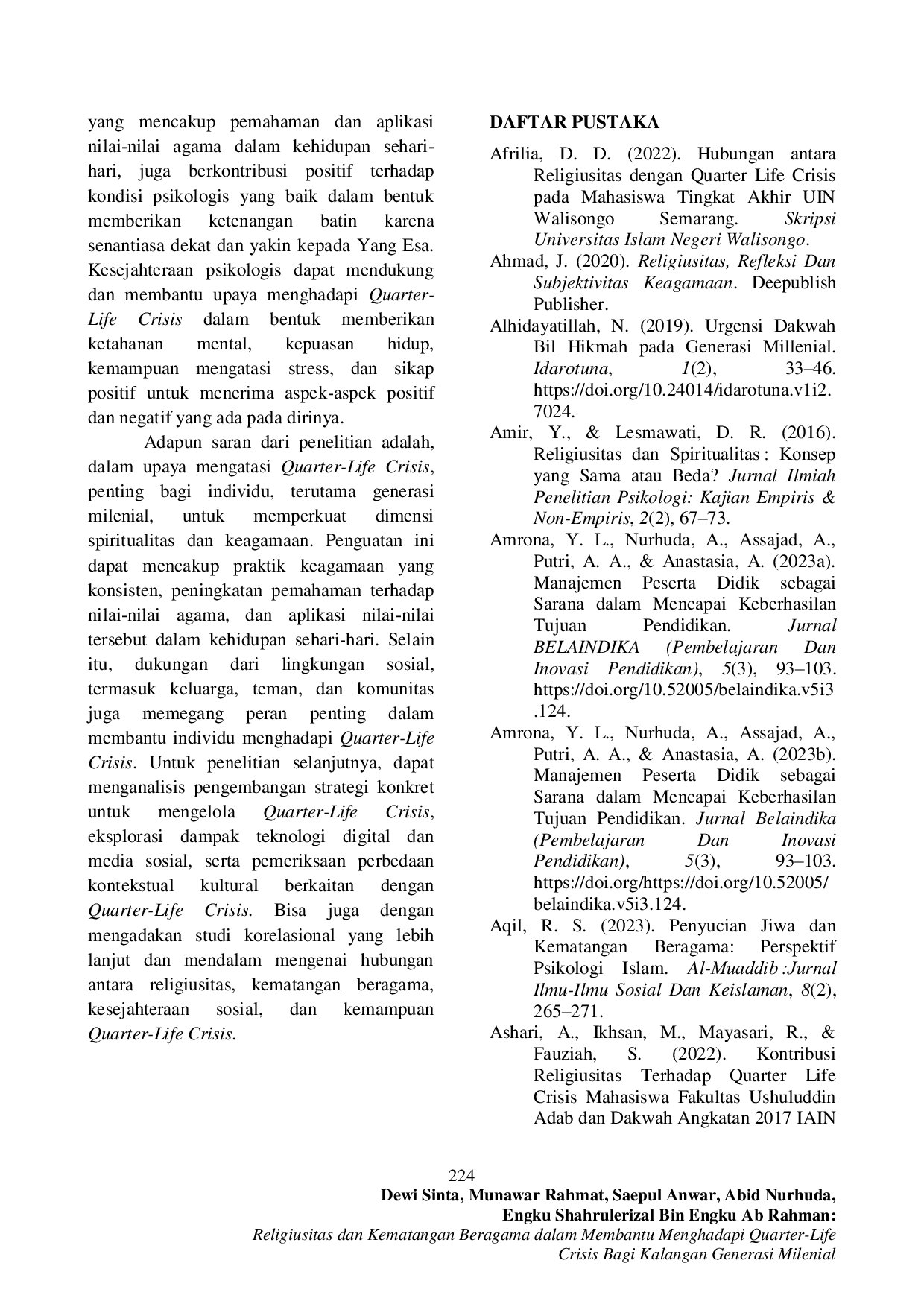 JURIS Religiusitas dan Kematangan Beragama dalam Membantu Menghadapi Quarter Life Crisis Bagi Kalangan Generasi Milenial