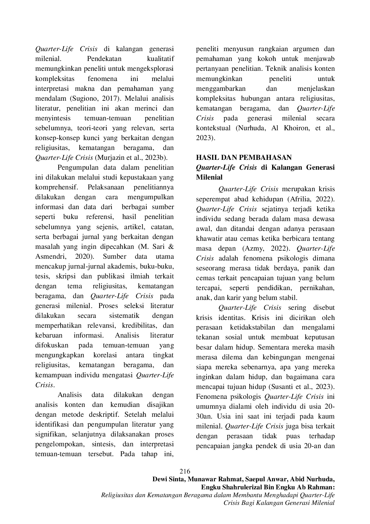 JURIS Religiusitas dan Kematangan Beragama dalam Membantu Menghadapi Quarter Life Crisis Bagi Kalangan Generasi Milenial