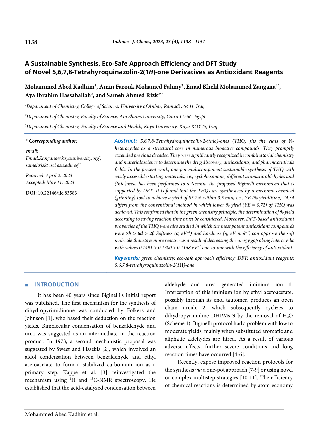 JURIS A Sustainable synthesis eco safe approach efficiency and DFT study of novel 5 6 7 8 Tetrahyroquinazolin 2 1H one derivatives as antioxidant reagents