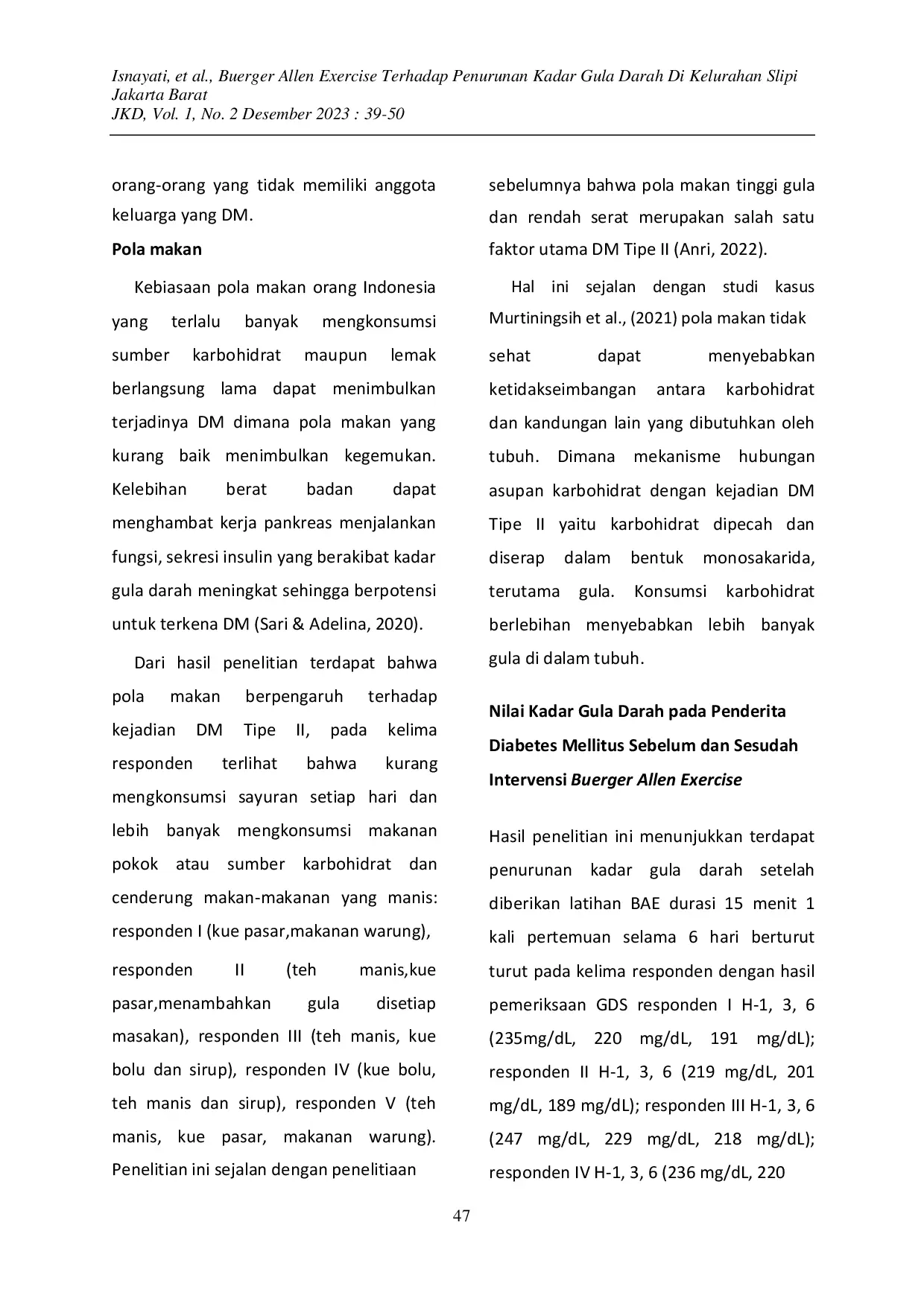 JURIS Buerger Allen Exercise Terhadap Penurunan Kadar Gula Darah Di Kelurahan Slipi Jakarta Barat