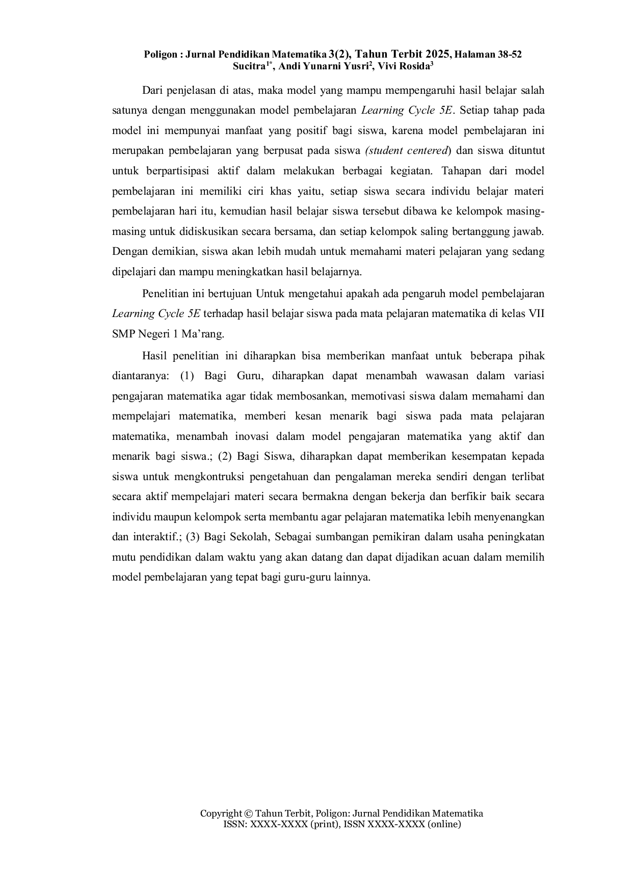 JURIS Pengaruh Model Pembelajaran Learning Cycle 5E Terhadap Hasil Belajar Siswa Pada Mata Pelajaran Matematika di Kelas VII SMPN 1 MA RANG