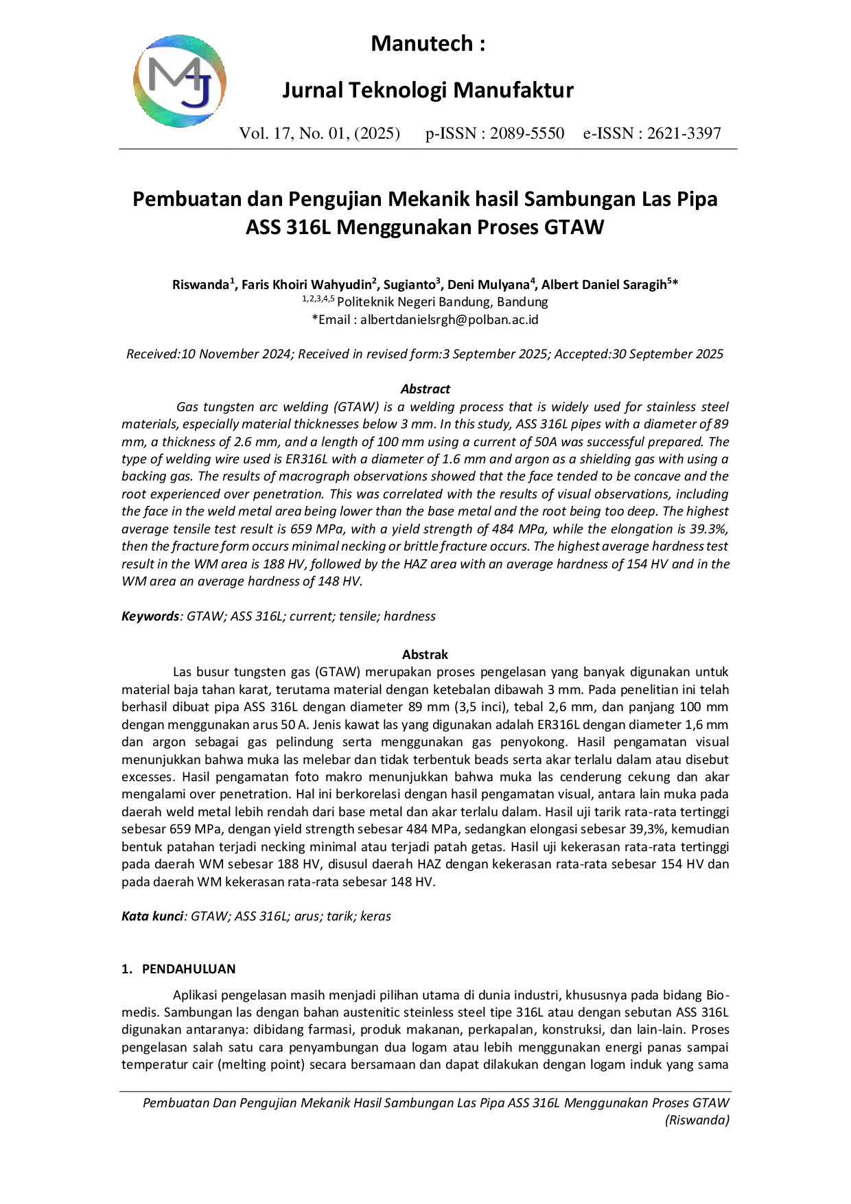 JURIS Pembuatan Dan Pengujian Mekanik Hasil Sambungan Las Pipa Ass 316l Menggunakan Proses Gtaw