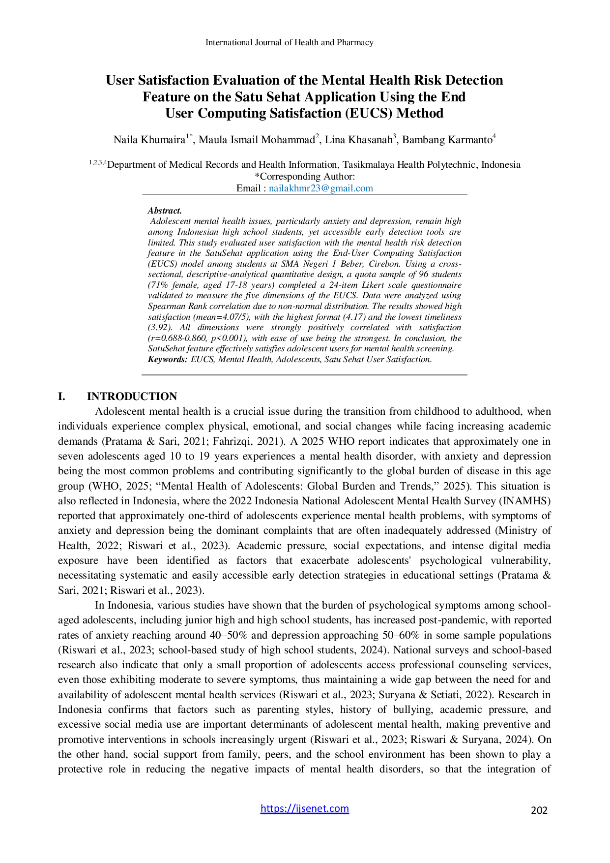 JURIS User Satisfaction Evaluation of the Mental Health Risk Detection Feature on the Satu Sehat Application Using the End User Computing Satisfaction EUCS Method