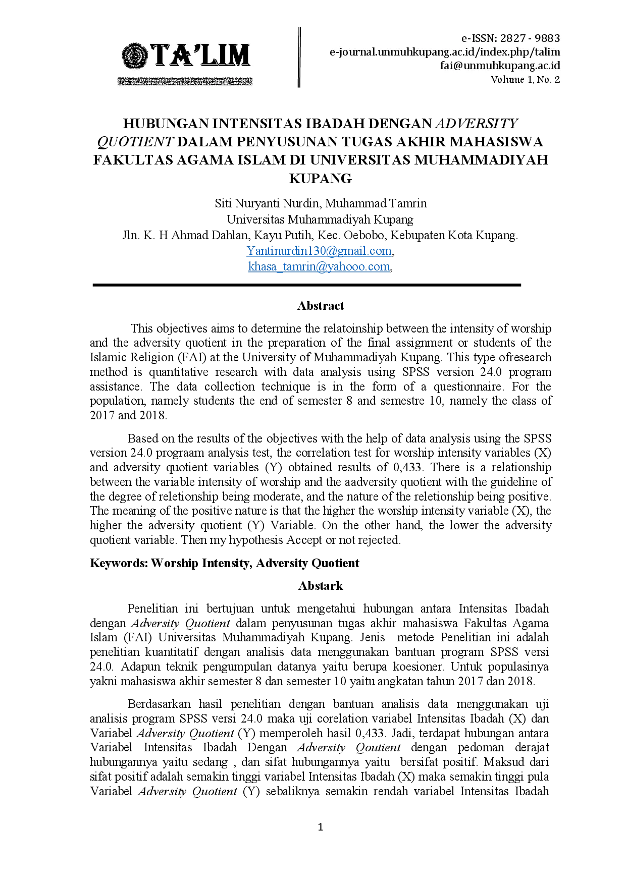 juris Hubungan Intensitas Ibadah dengan Adversity Quotient dalam Penyusunan Tugas Akhir Mahasiswa Fakultas Agama Islam Di Universitas Muhammadiyah Kupang