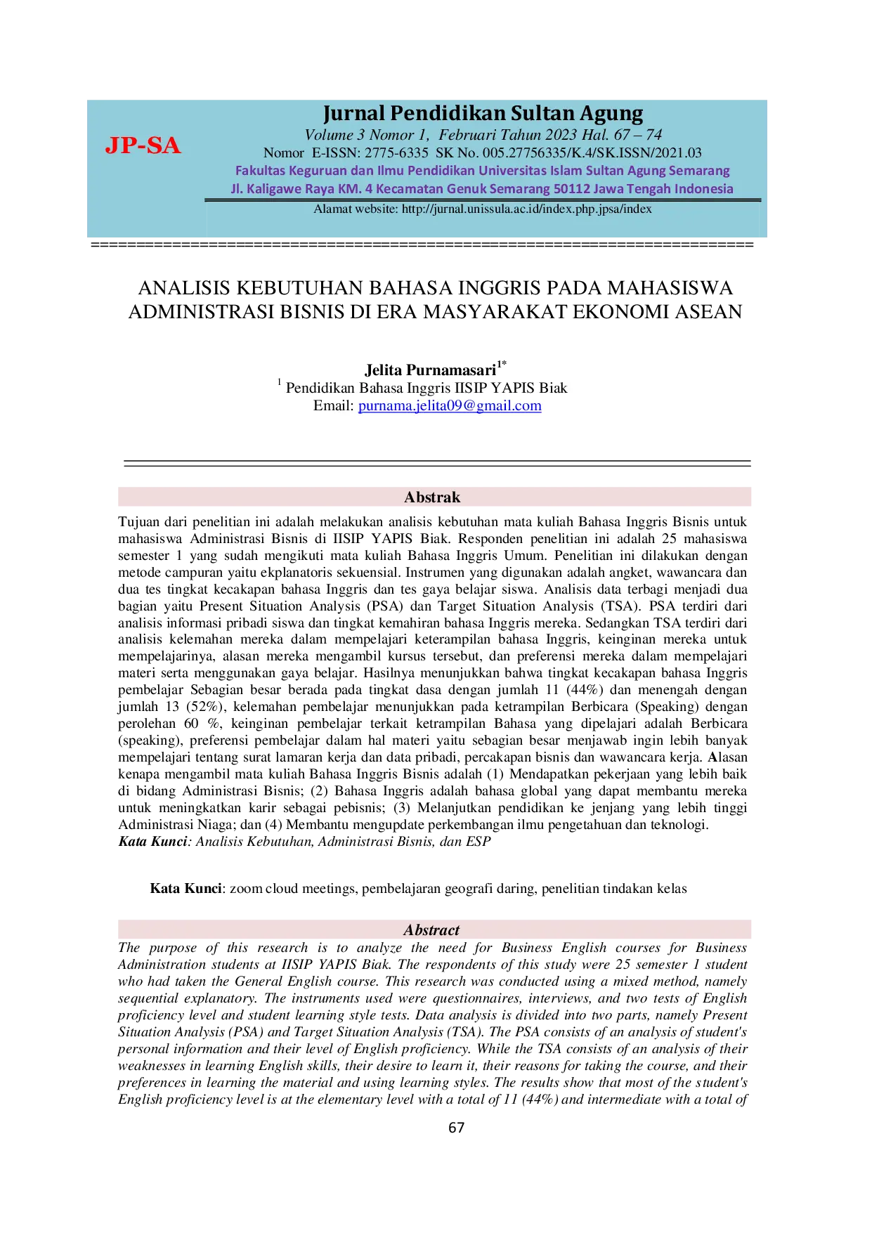 JURIS Analisis Kebutuhan Bahasa Inggris pada Mahasiswa Administrasi Bisnis di Era Masyarakat Ekonomi ASEAN