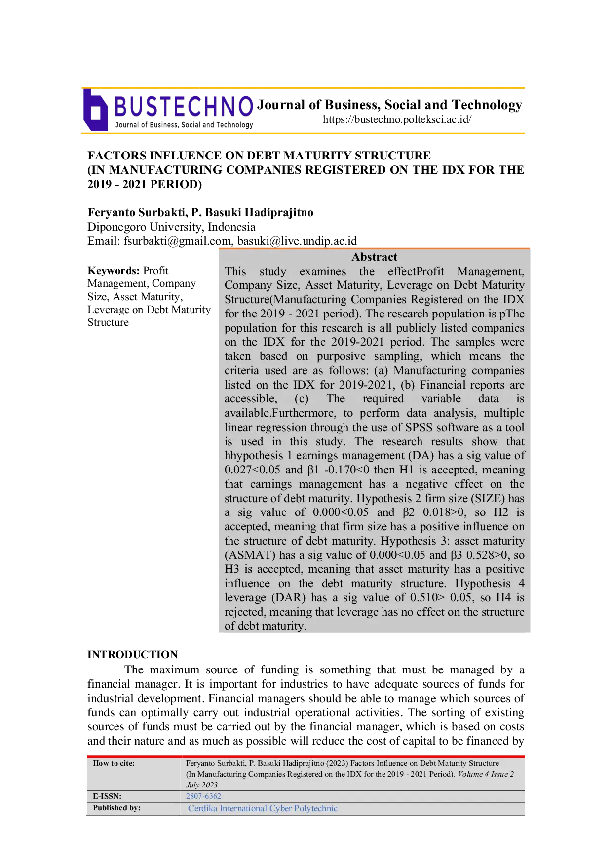 JURIS Factors Influence on Debt Maturity Structure In Manufacturing Companies Registered on the IDX for the 2019 2021 Period