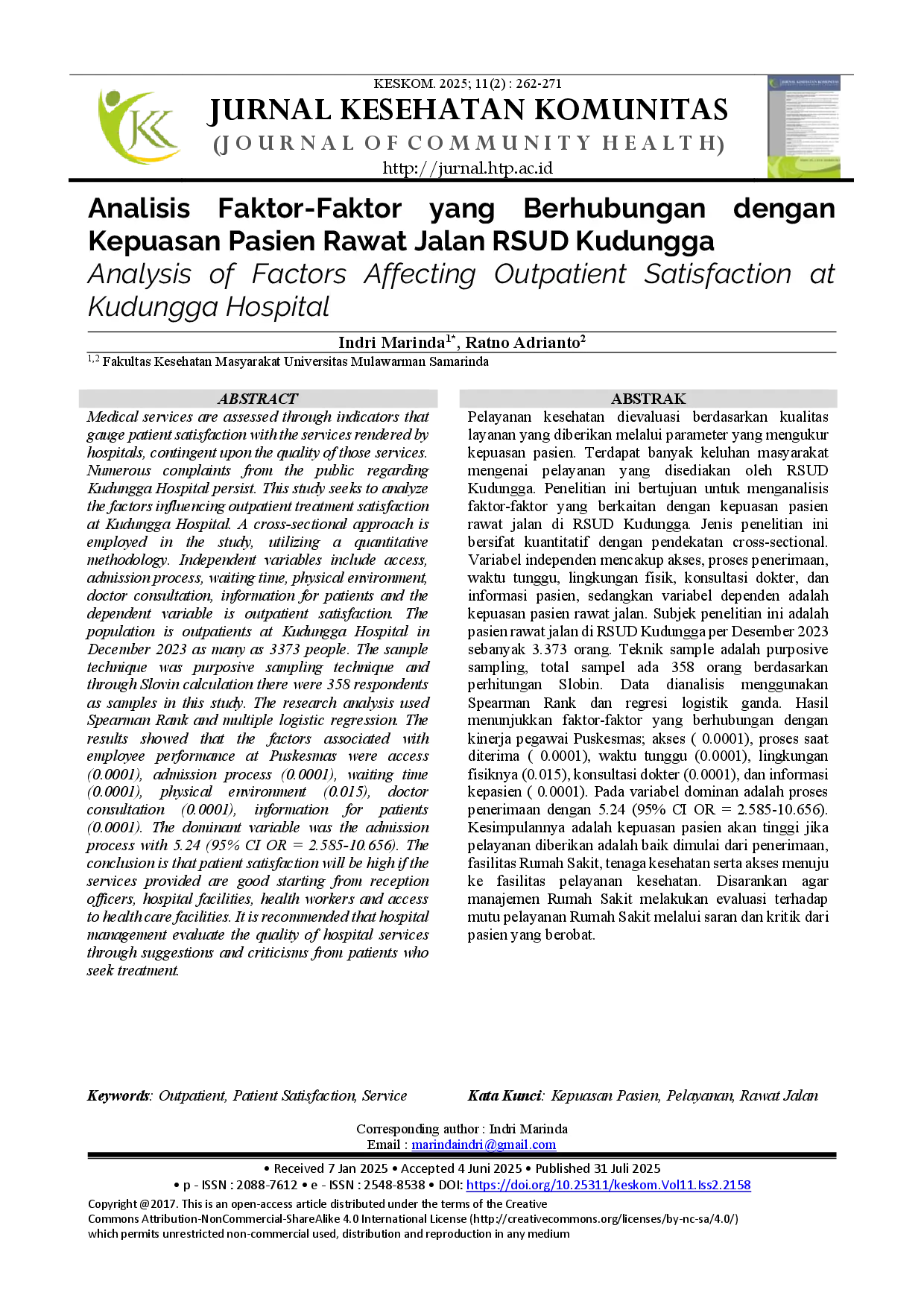 juris Analisis Faktor Faktor yang Berhubungan dengan Kepuasan Pasien Rawat Jalan RSUD Kudungga