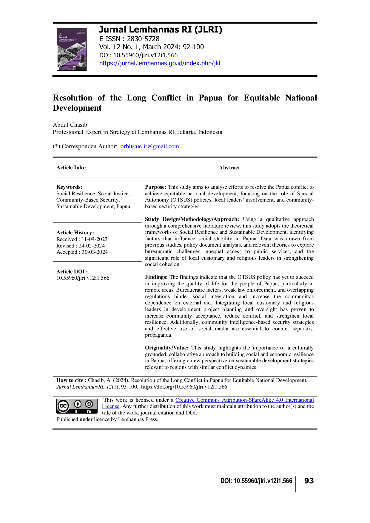 JURIS Resolution of the Long Conflict in Papua for Equitable National Development