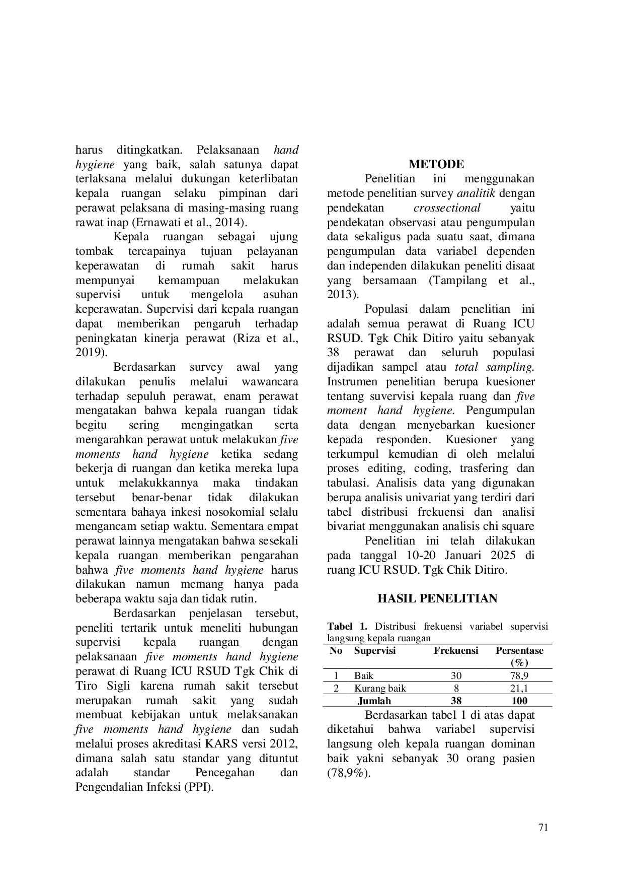 JURIS Hubungan Supervisi Kepala Ruangan dengan Pelaksanaan Five Moments Hand Hygiene Perawat di Rumah Sakit