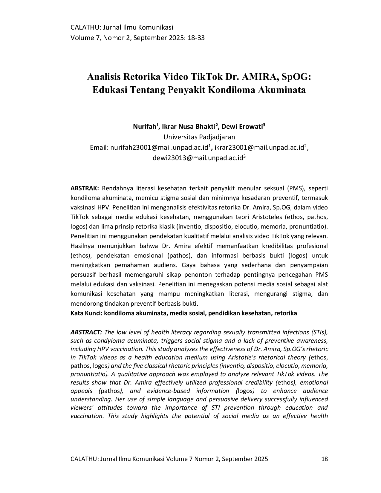 JURIS Analisis Retorika Video TikTok Dr AMIRA SpOG Edukasi Tentang Penyakit Kondiloma Akuminata