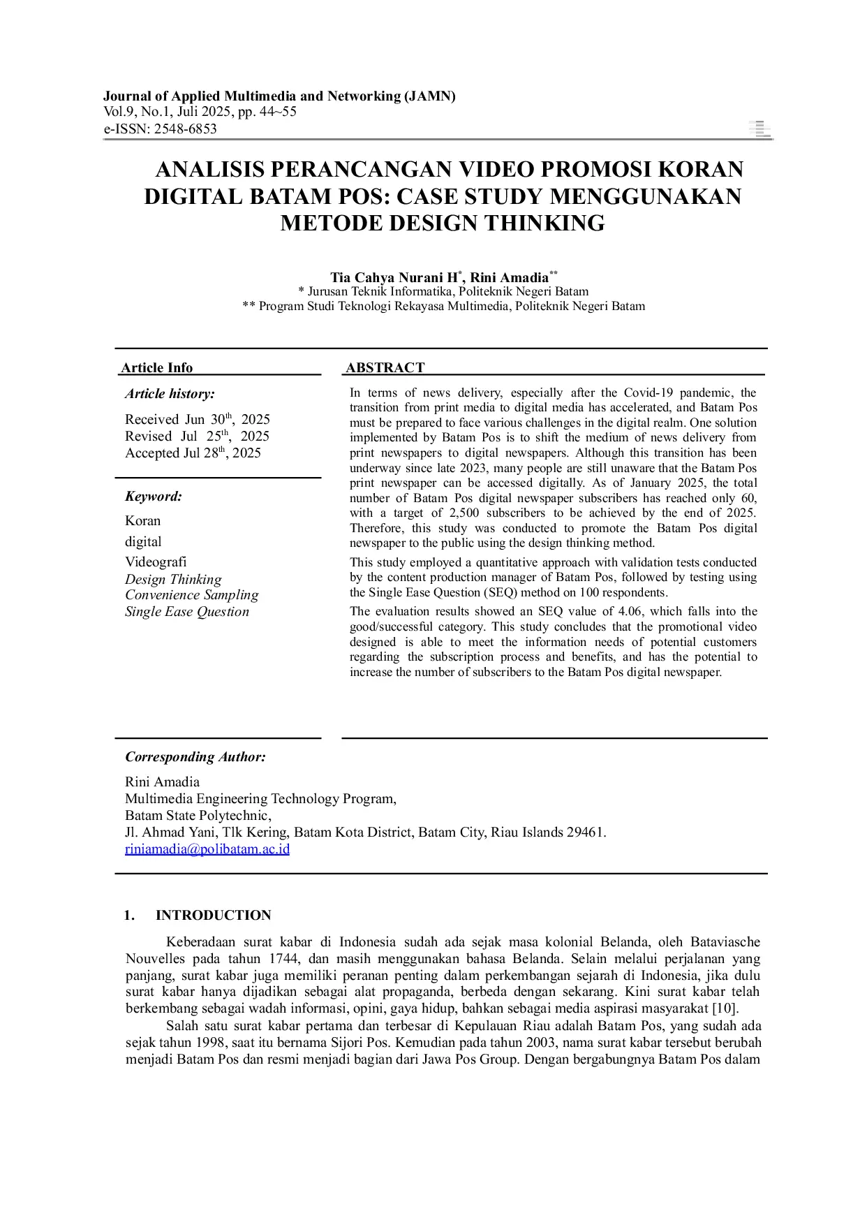 JURIS Analisis Perancangan Video Promosi Koran Digital Batam Pos Case Study Menggunakan Metode Design Thinking