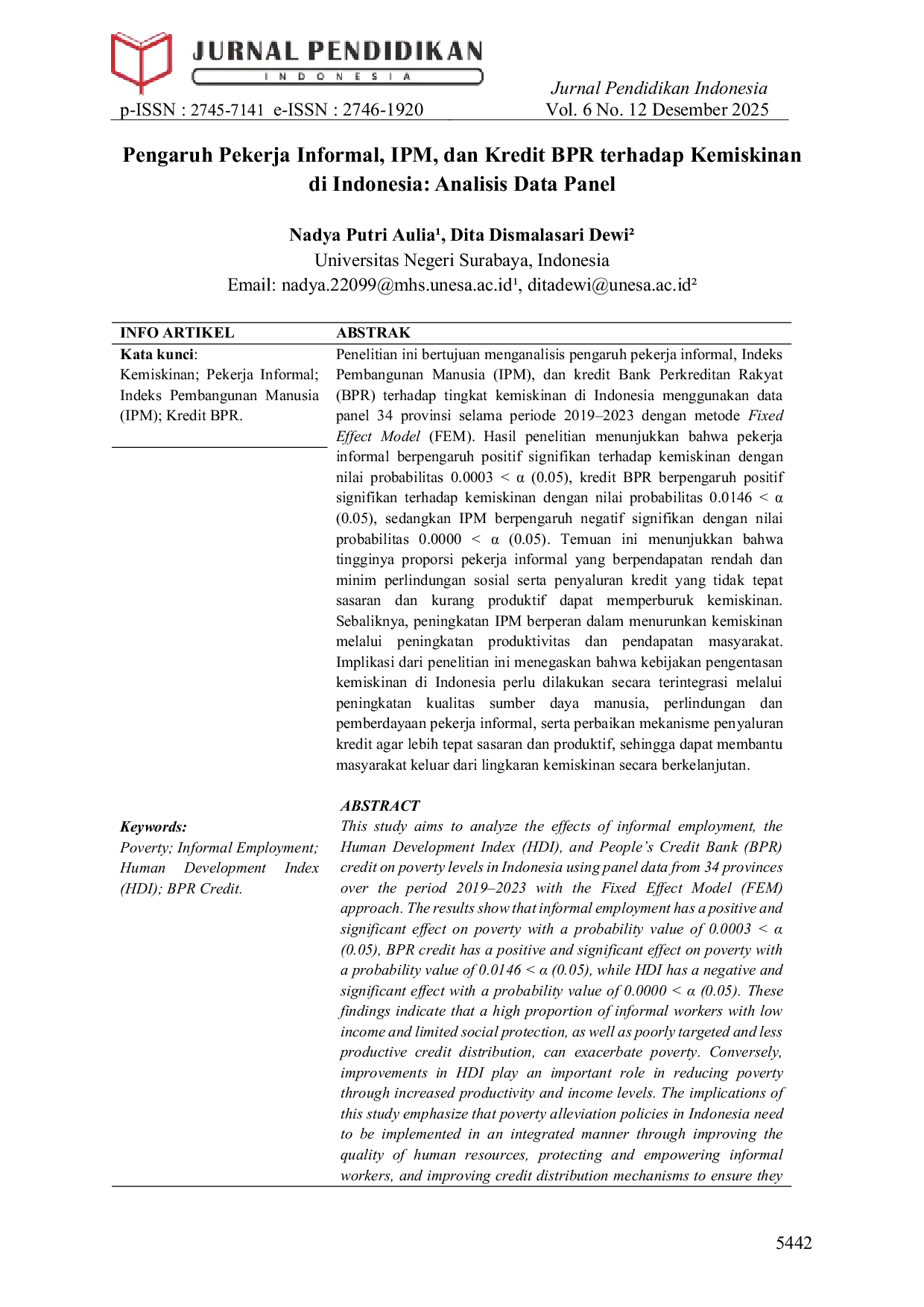JURIS Pengaruh Pekerja Informal IPM dan Kredit BPR terhadap Kemiskinan di Indonesia Analisis Data Panel