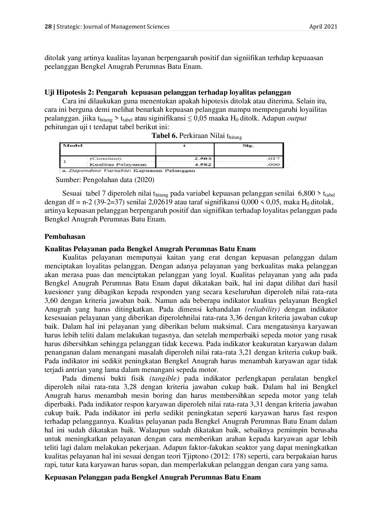 JURIS Pengaruh Kualitas Pelayanan Terhadap Loyalitas Pelanggan Dengan Kepuasan Pelanggan Sebagai Variabel Intervening Pada Bengkel Anugrah Perumnas Batu Enam
