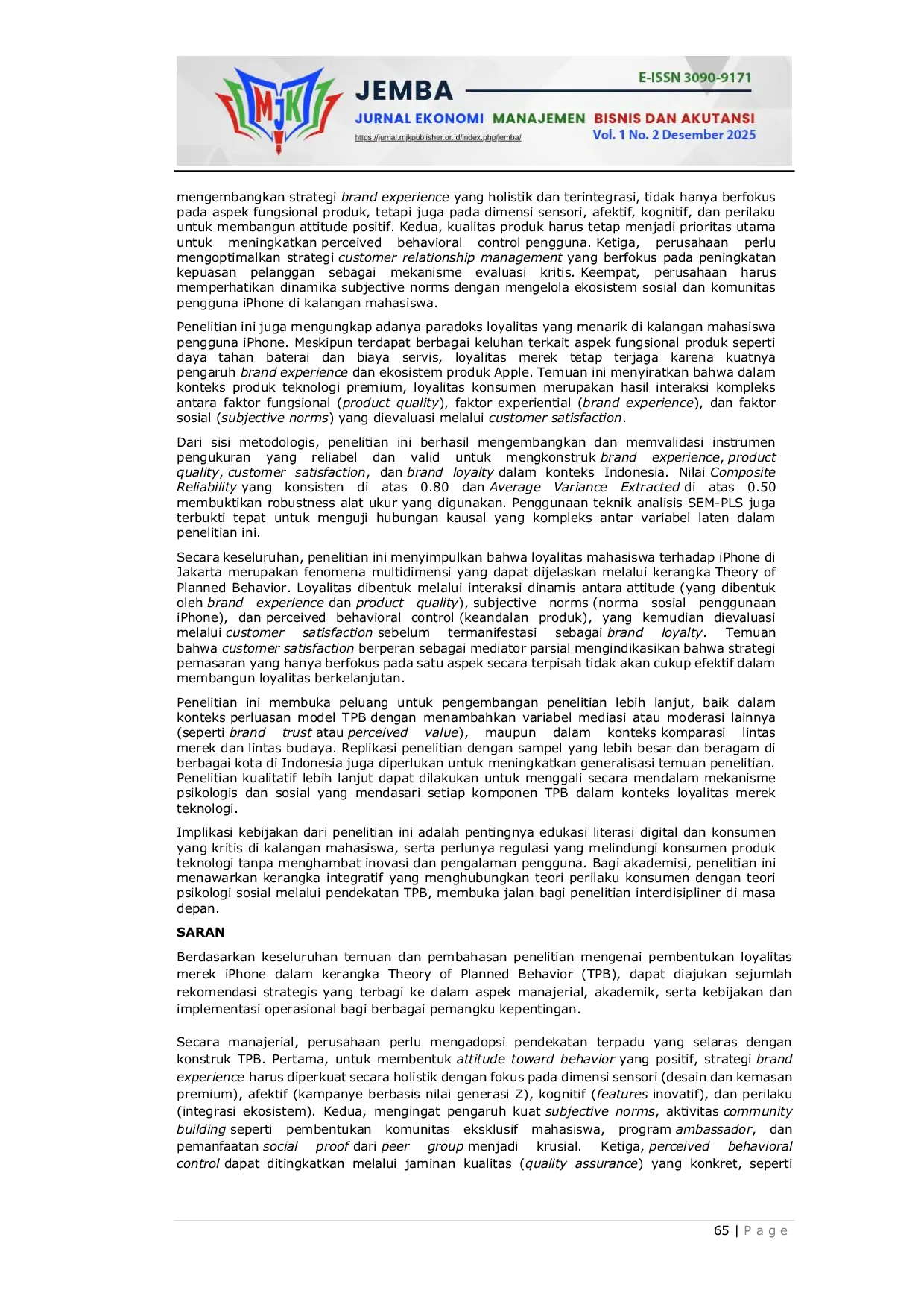 JURIS Peran Kepuasan Pelanggan Dalam Mediasi Pengalaman Merek dan Kualitas Produk Terhadap Loyalitas Merek