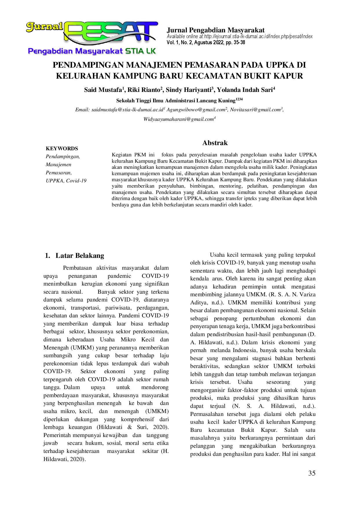 juris Pendampingan Manajemen Pemasaran Pada Uppka Di Kelurahan Kampung Baru Kecamatan Bukit Kapur