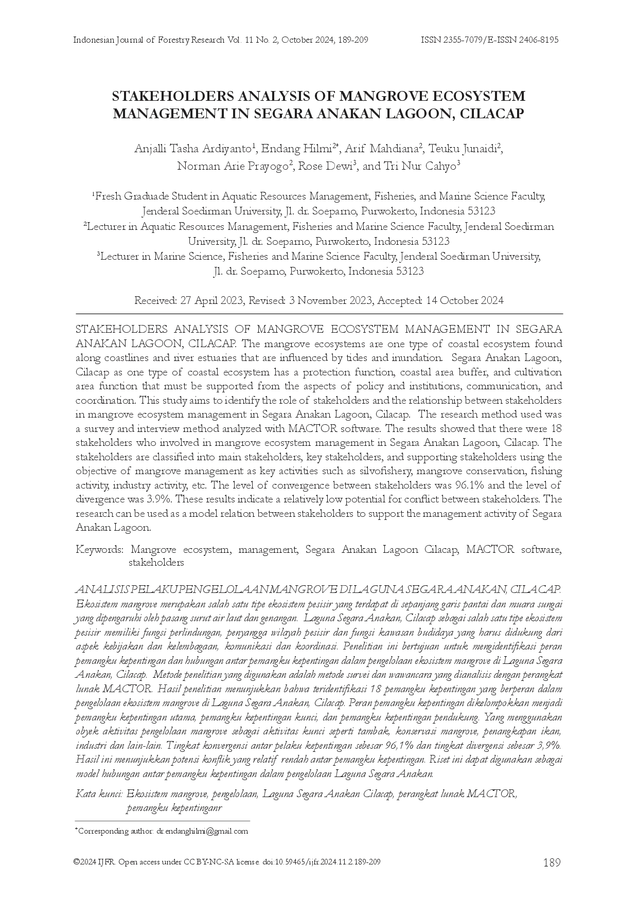 juris Stakeholder Analysis of Mangrove Ecosystem Management in Segara Anakan Lagoon Cilacap
