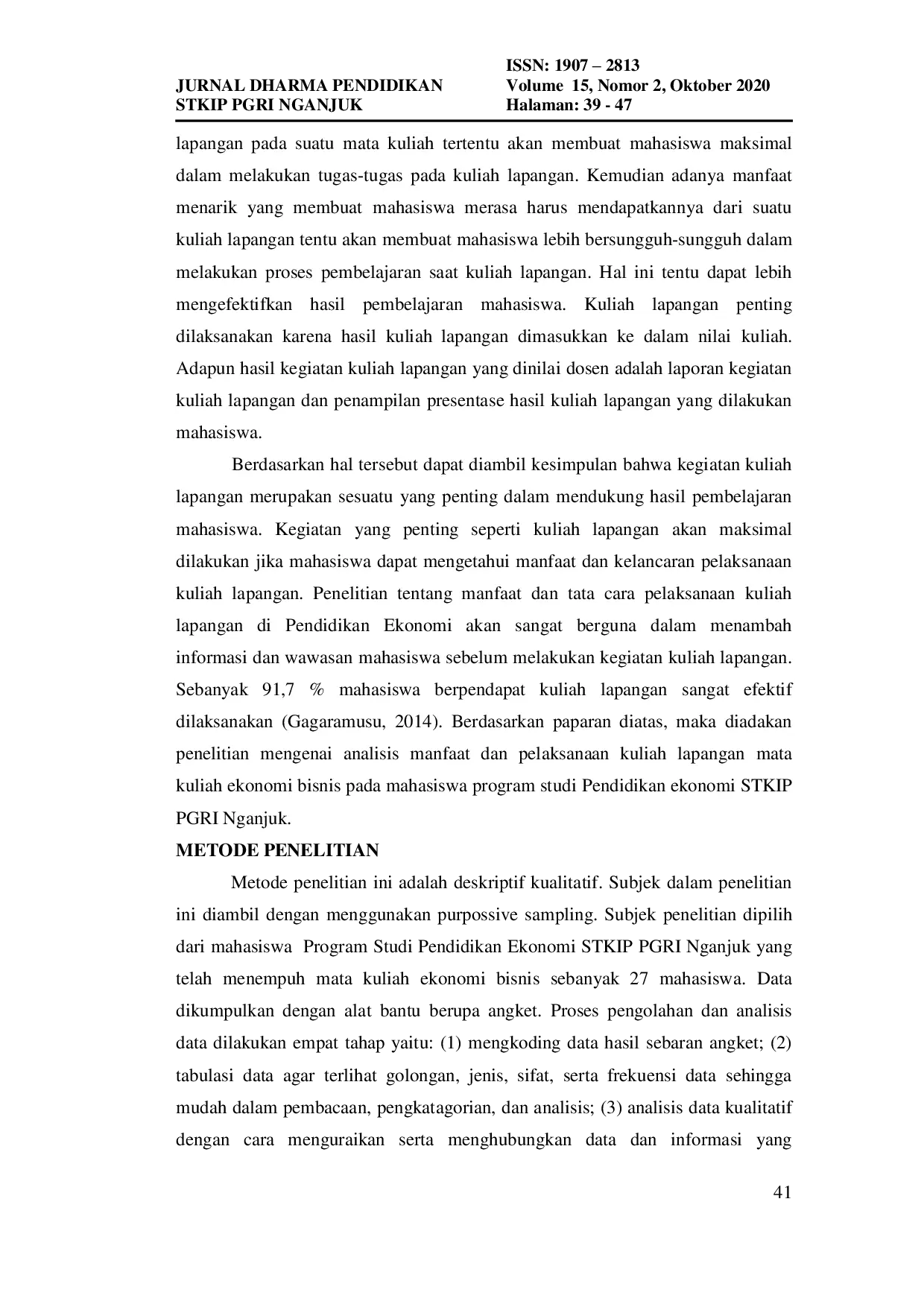 JURIS Analisis Manfaat Kegiatan Kuliah Lapangan Mata Kuliah Ekonomi Bisnis Pada Mahasiswa Prodi Pendidikan Ekonomi STKIP PGRI Nganjuk