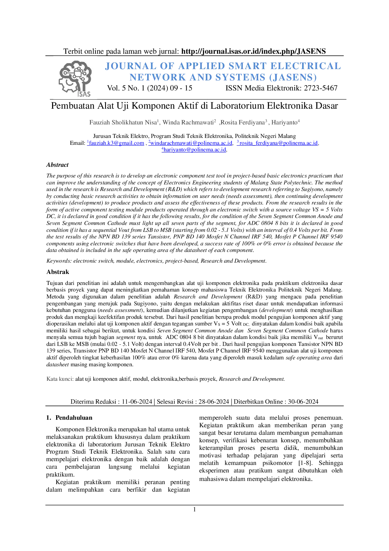 JURIS Perancangan Alat Saklar Elektronik Menggunakan Metode Uji IC di Laboratorium Elektronika Dasar