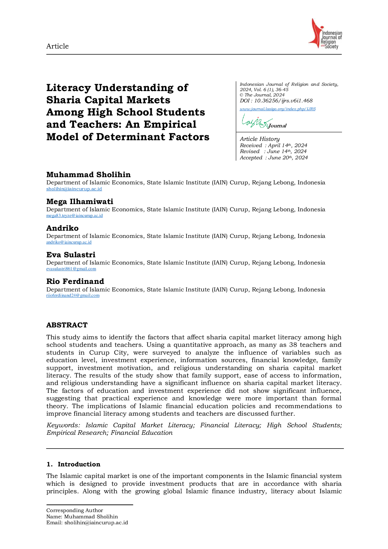 JURIS Literacy Understanding of Sharia Capital Markets among High School Students and Teachers An Empirical Model of Determinant Factors