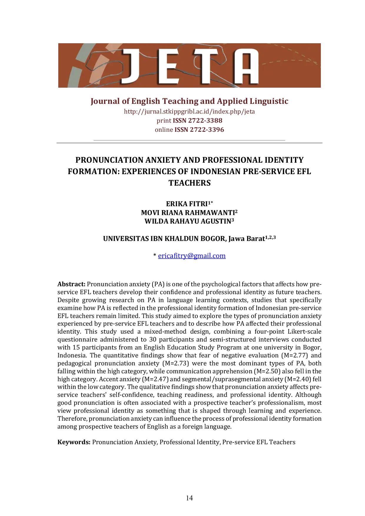 JURIS Pronunciation Anxiety And Professional Identity Formation Experiences Of Indonesian Pre Service EFL Teachers