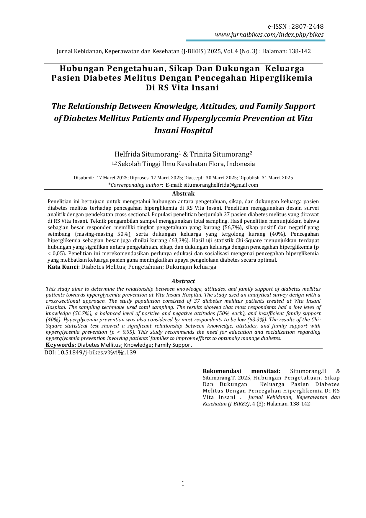JURIS Hubungan Pengetahuan Sikap Dan Dukungan Keluarga Pasien Diabetes Melitus Dengan Pencegahan Hiperglikemia Di RS Vita Insani
