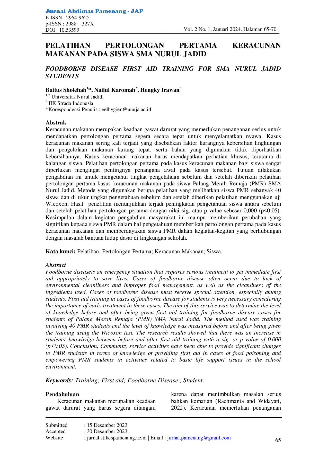 juris Pelatihan Pertolongan Pertama Keracunan Makanan Pada Siswa SMA Nurul Jadid