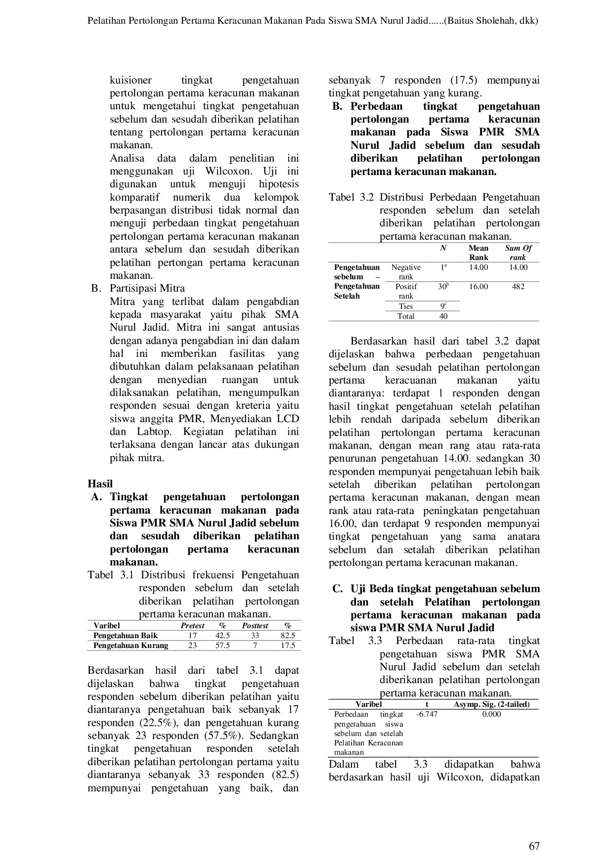 juris Pelatihan Pertolongan Pertama Keracunan Makanan Pada Siswa SMA Nurul Jadid