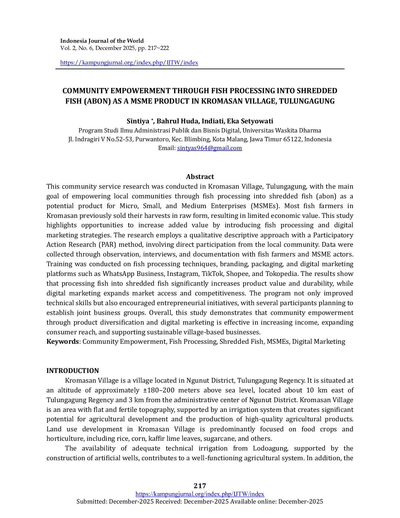 JURIS Community Empowerment Through Fish Processing into Shredded Fish Abon as a MSME Product in Kromasan Village Tulungagung