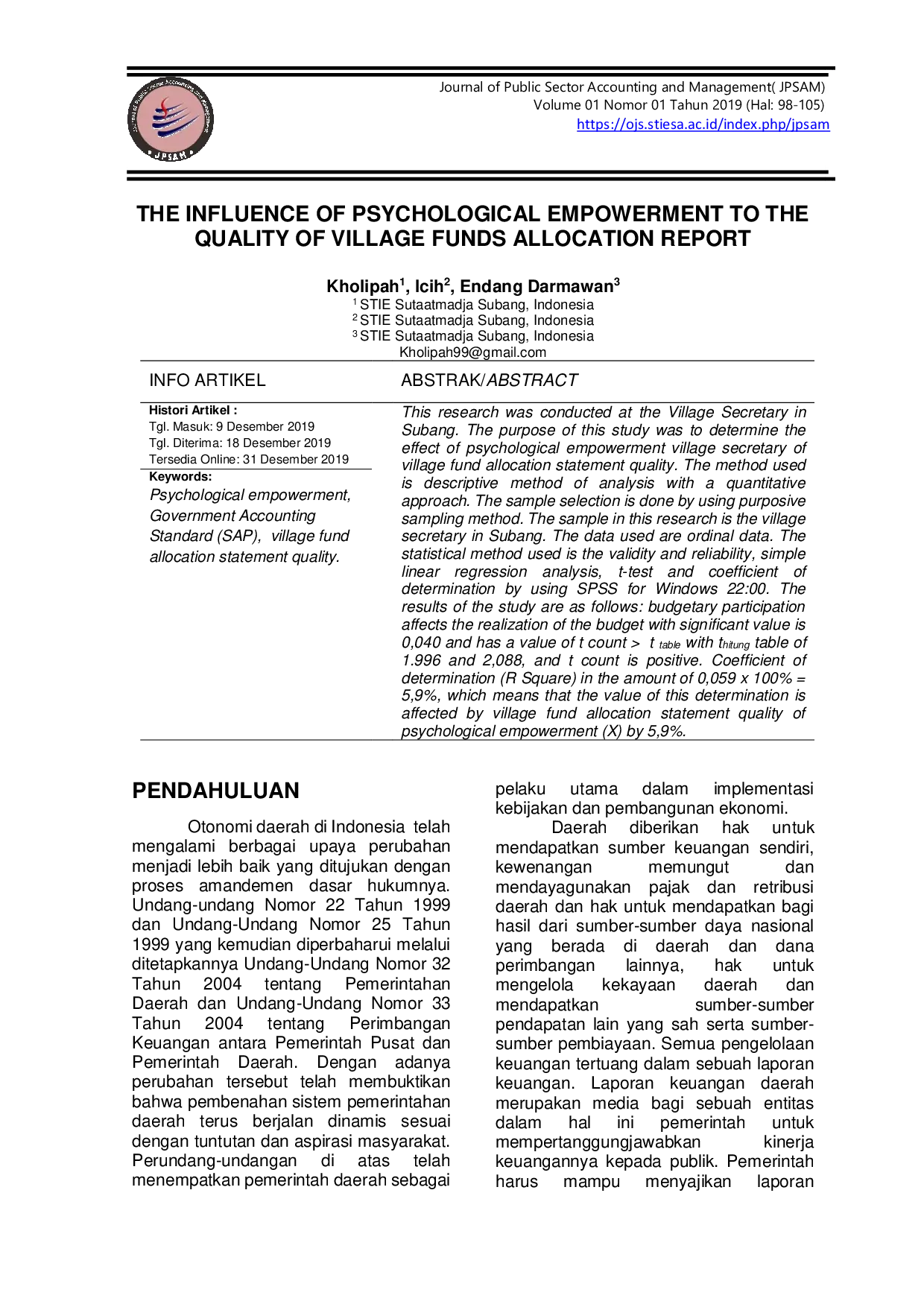 JURIS The Influence Of Psychological Empowerment To The Quality Of Village Funds Allocation Report