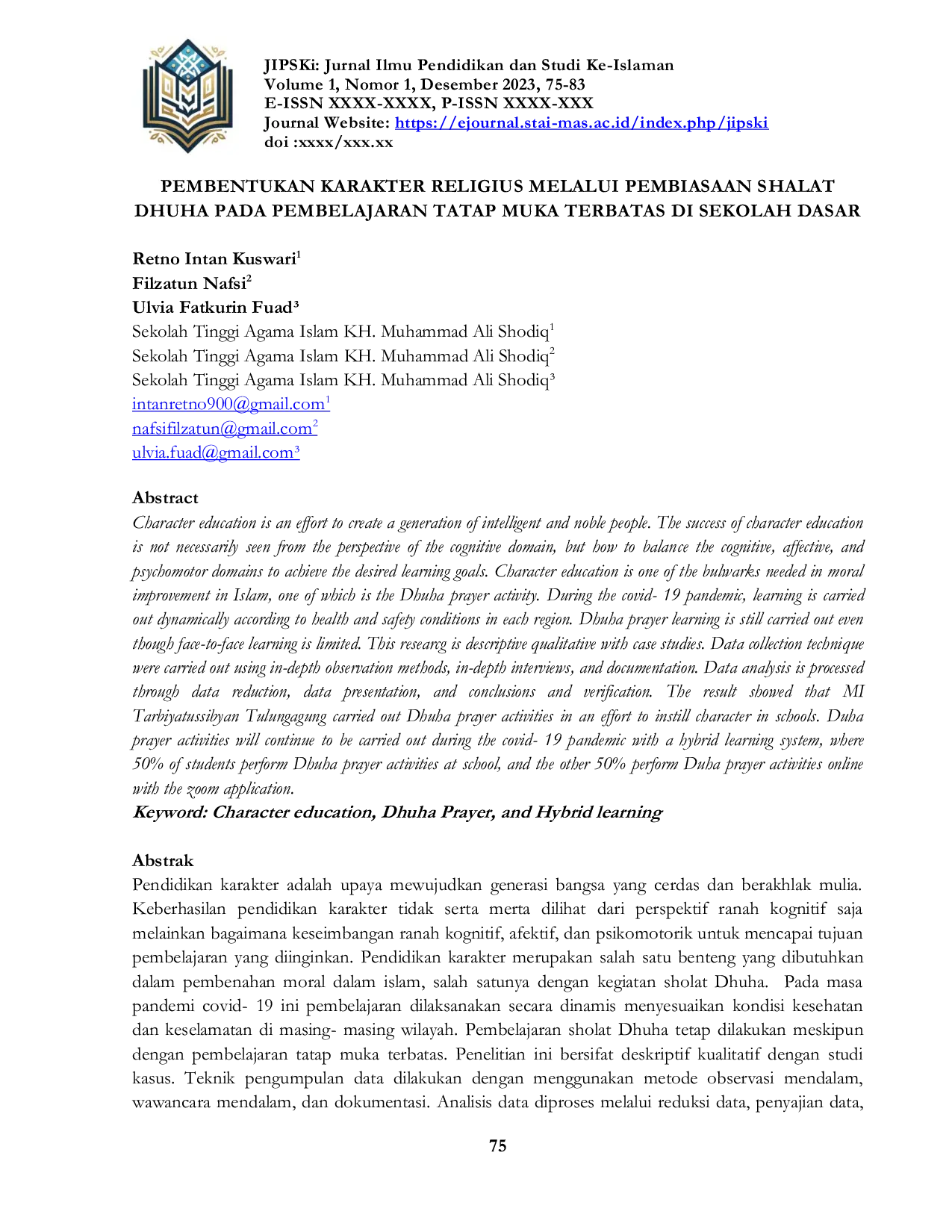 JURIS Pembentukan Karakter Religius Melalui Pembiasaan Shalat Dhuha Pada Pembelajaran Tatap Muka Terbatas Di Sekolah Dasar