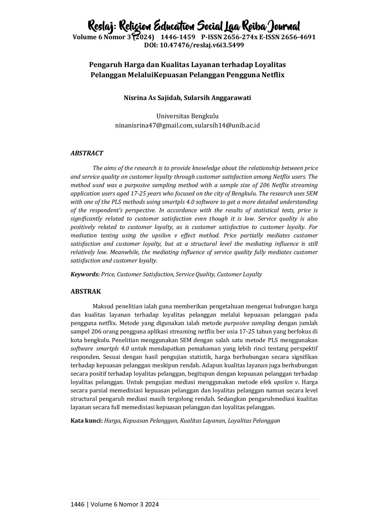 JURIS Pengaruh Harga dan Kualitas Layanan terhadap Loyalitas Pelanggan Melalui Kepuasan Pelanggan Pengguna Netflix
