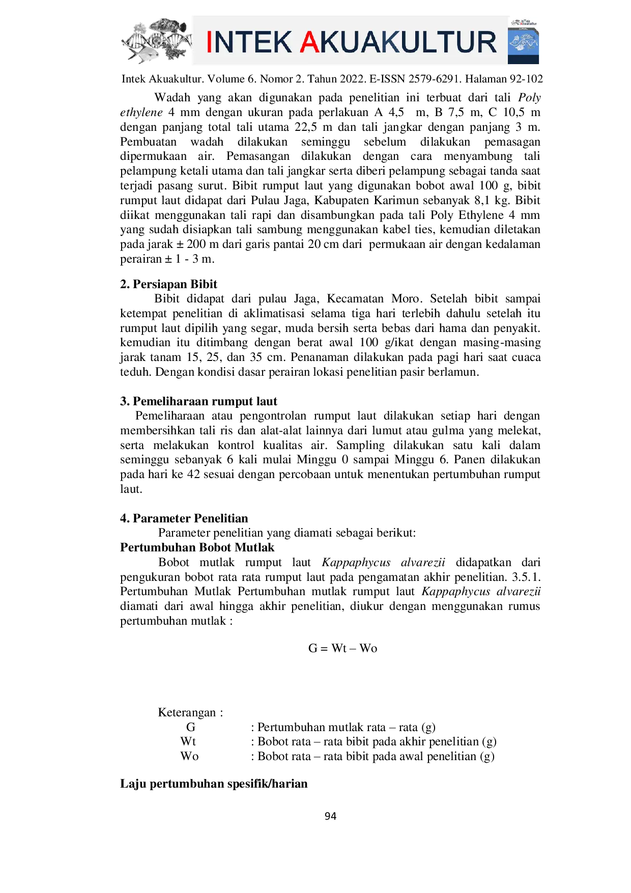 JURIS Pengaruh Jarak Tanam yang Berbeda Terhadap Pertumbuhan Rumput Laut Kappaphycus alvarezii Mengunakan Metode Longline