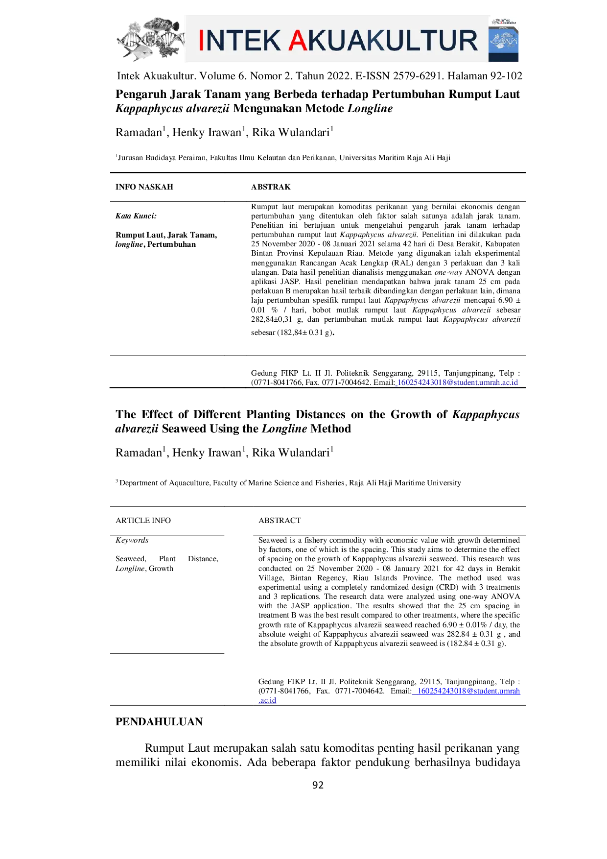JURIS Pengaruh Jarak Tanam yang Berbeda Terhadap Pertumbuhan Rumput Laut Kappaphycus alvarezii Mengunakan Metode Longline