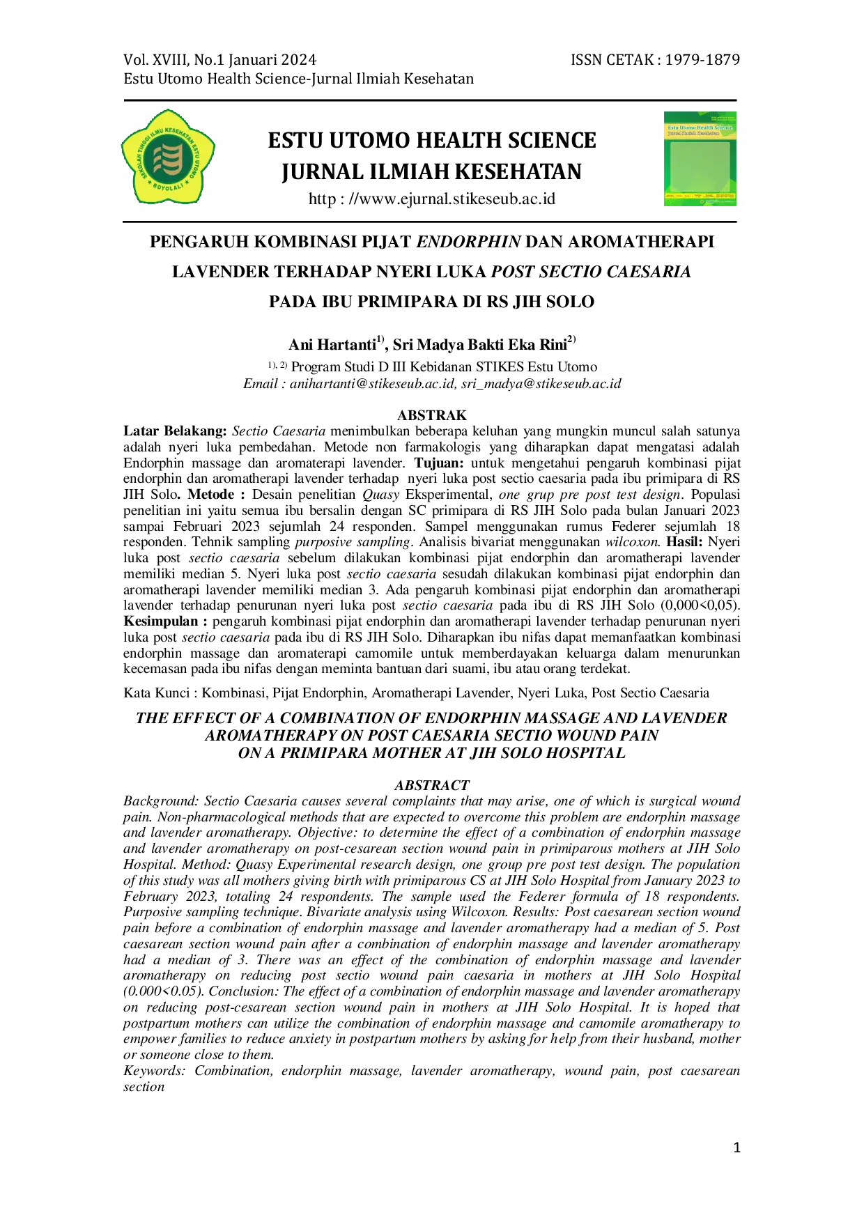 JURIS Pengaruh Kombinasi Pijat Endorphin Dan Aromatherapi Lavender Terhadap Nyeri Luka Post Sectio Caesaria Pada Ibu Primipara Di Rs Jih Solo