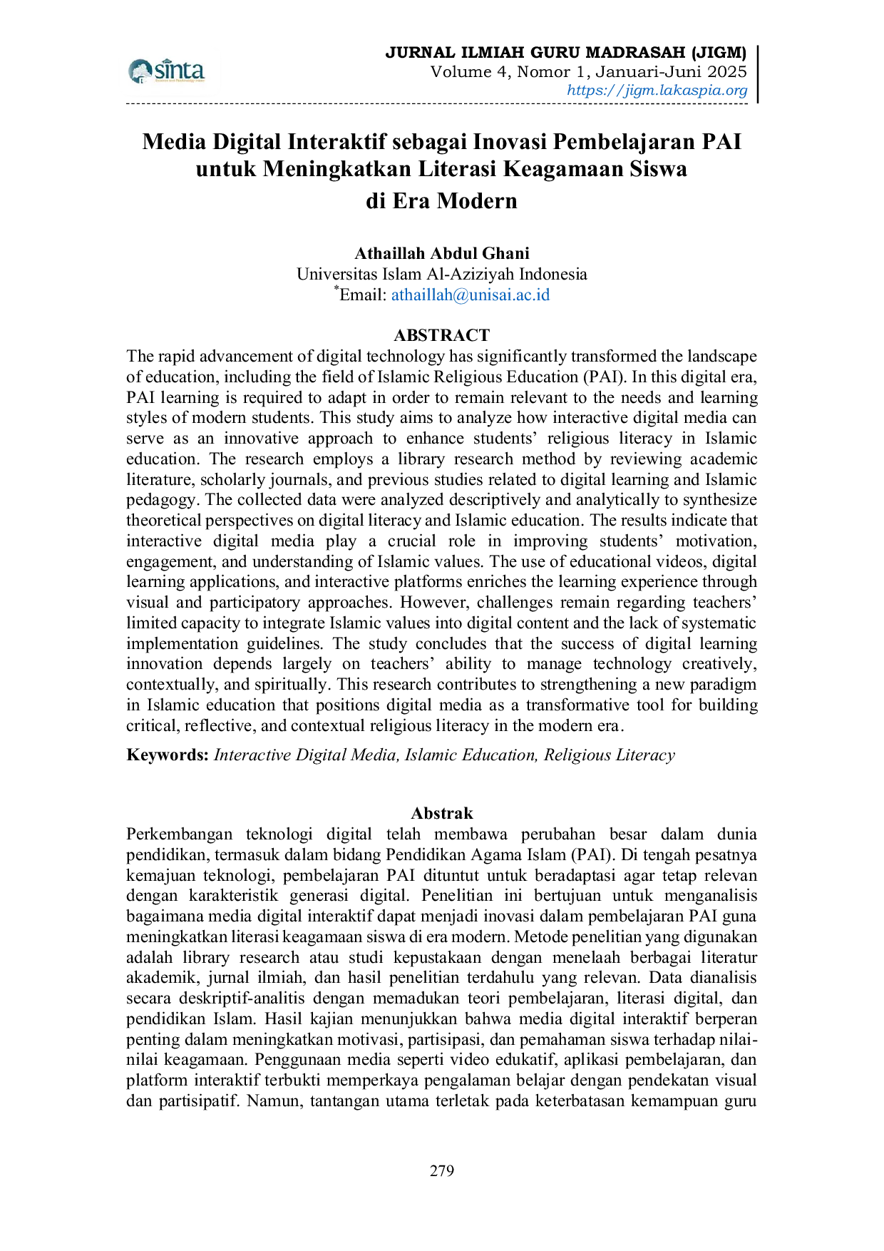 JURIS Media Digital Interaktif sebagai Inovasi Pembelajaran PAI untuk Meningkatkan Literasi Keagamaan Siswa di Era Modern