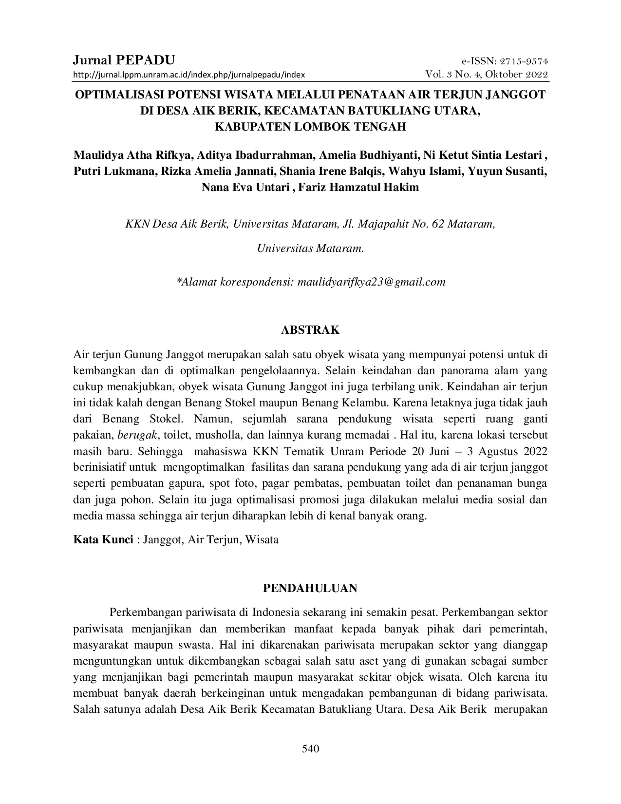JURIS Optimalisasi Potensi Wisata Melalui Penataan Air Terjun Janggot Di Desa Aik Berik Kecamatan Batukliang Utara Kabupaten Lombok Tengah