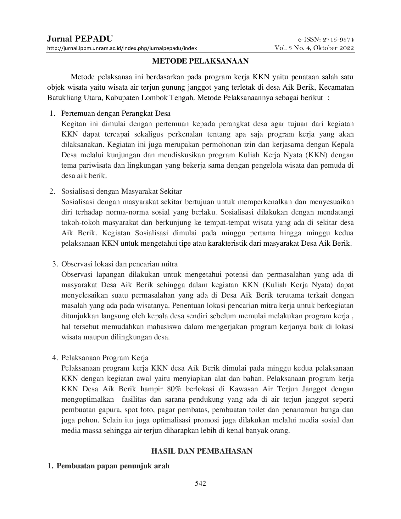 JURIS Optimalisasi Potensi Wisata Melalui Penataan Air Terjun Janggot Di Desa Aik Berik Kecamatan Batukliang Utara Kabupaten Lombok Tengah