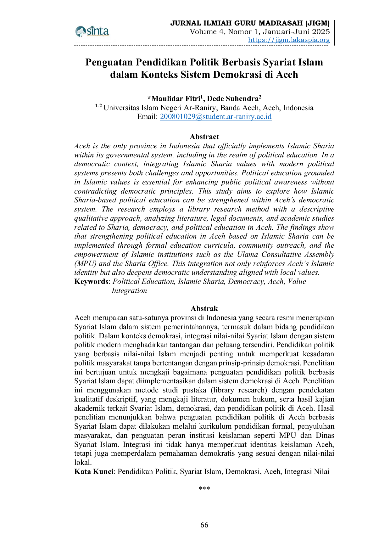 JURIS Penguatan Pendidikan Politik Berbasis Syariat Islam dalam Konteks Sistem Demokrasi di Aceh