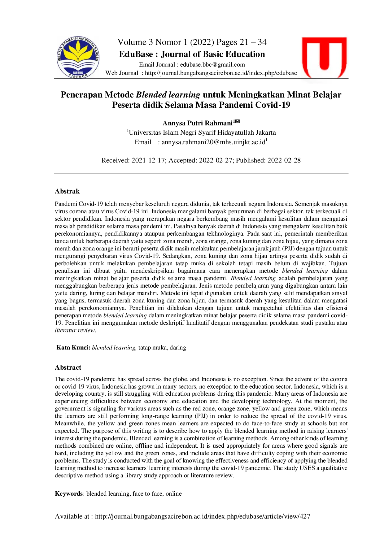 JURIS Penerapan Metode Blended learning untuk Meningkatkan Minat Belajar Peserta didik Selama Masa Pandemi Covid 19