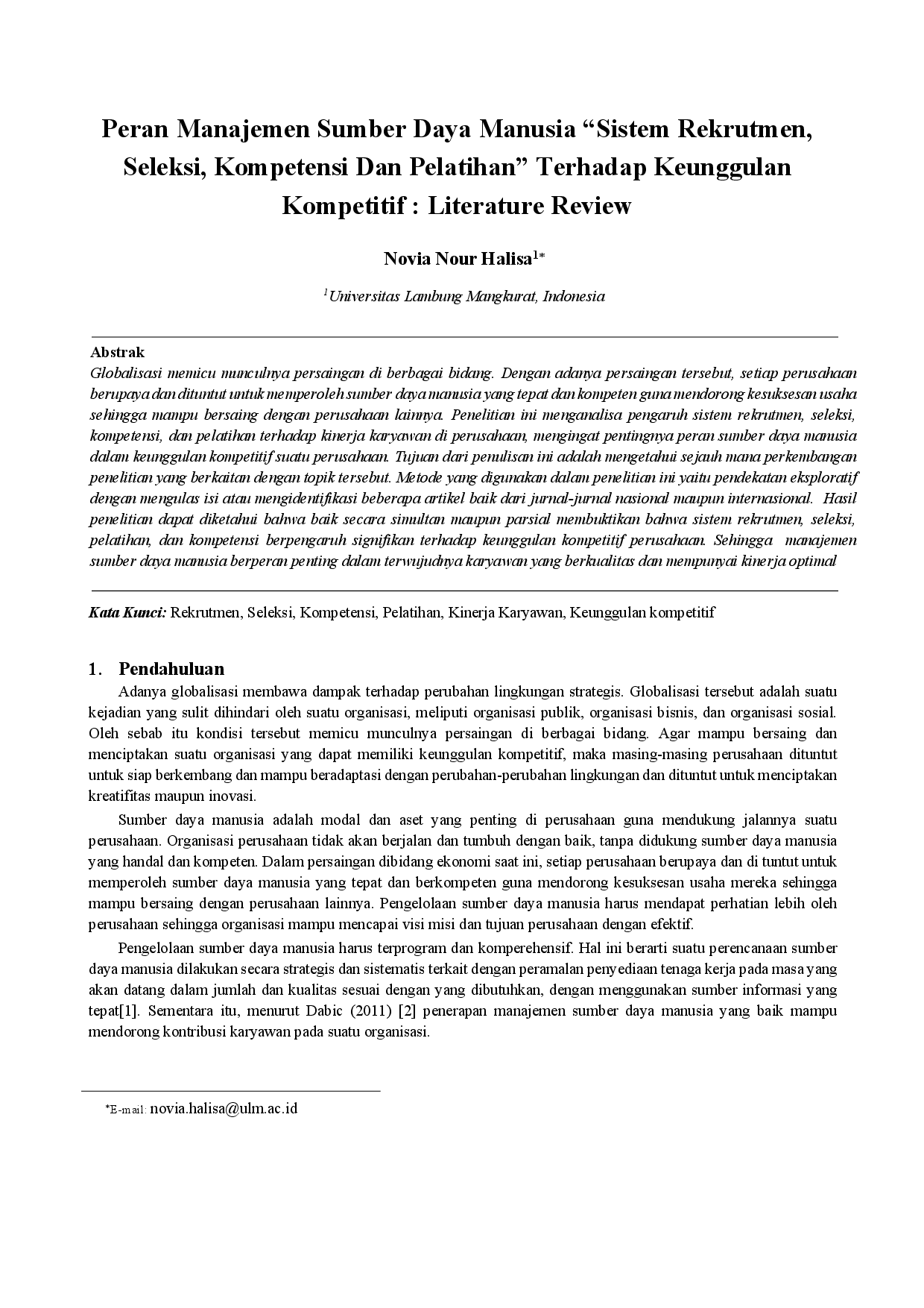juris Peran Manajemen Sumber Daya Manusia Sistem Rekrutmen Seleksi Kompetensi dan Pelatihan Terhadap Keunggulan Kompetitif Literature Review
