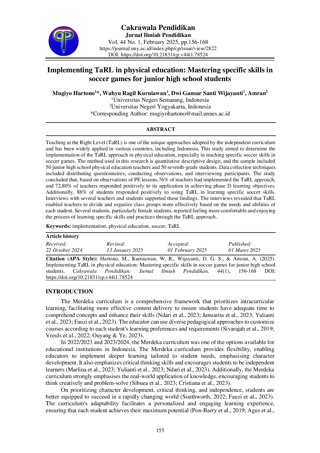 juris Implementing TaRL in physical education Mastering specific skills in soccer games for junior high school students