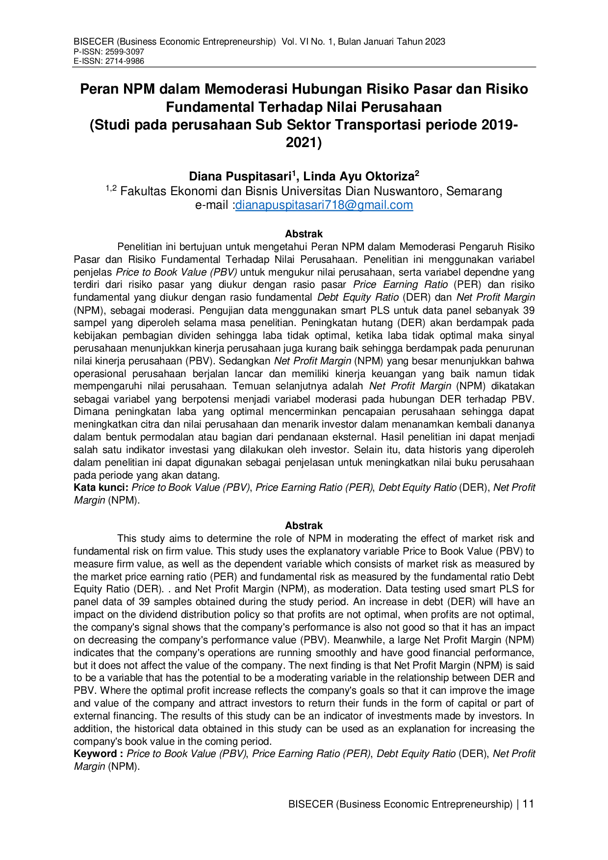 JURIS Peran NPM dalam Memoderasi Hubungan Risiko Pasar dan Risiko Fundamental Terhadap Nilai Perusahaan Studi pada perusahaan Sub Sektor Transportasi periode 2019 2021