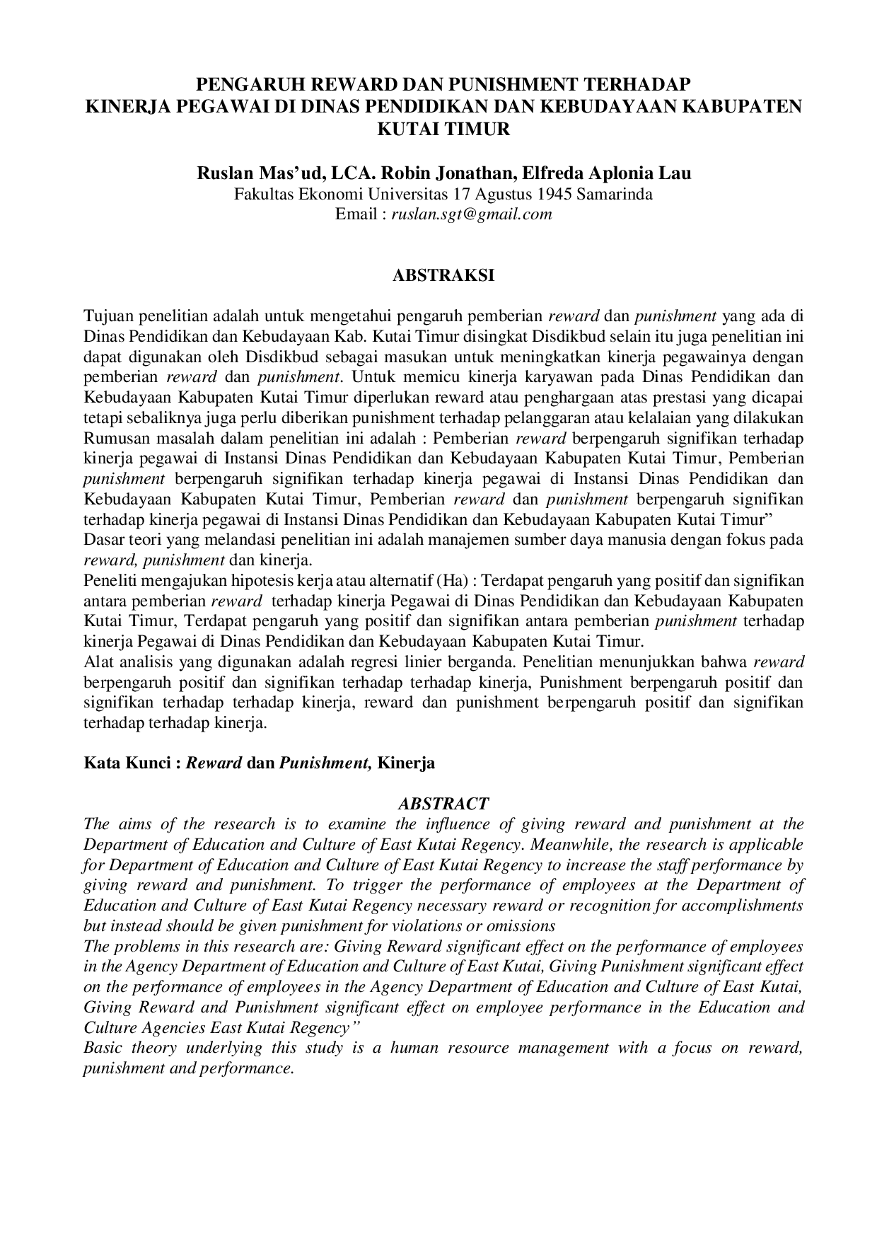 JURIS The Influence of Reward and Punishment on Employee Performance in the Department of Education and Culture of Kutai Timur Regency