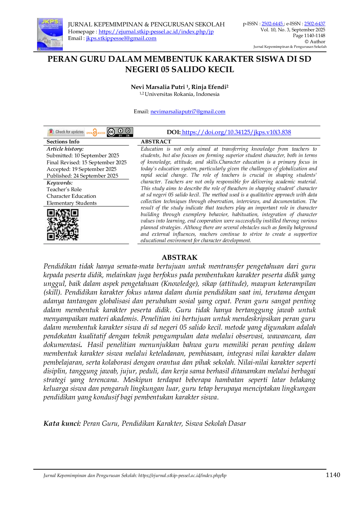 JURIS Peran Guru Dalam Membentuk Krakter Siswa Di Sd Negeri 05 Salido Kecil