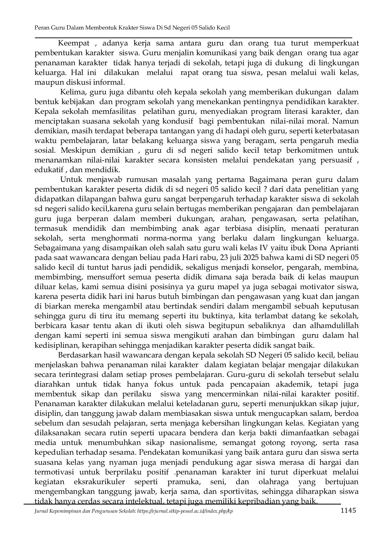 JURIS Peran Guru Dalam Membentuk Krakter Siswa Di Sd Negeri 05 Salido Kecil