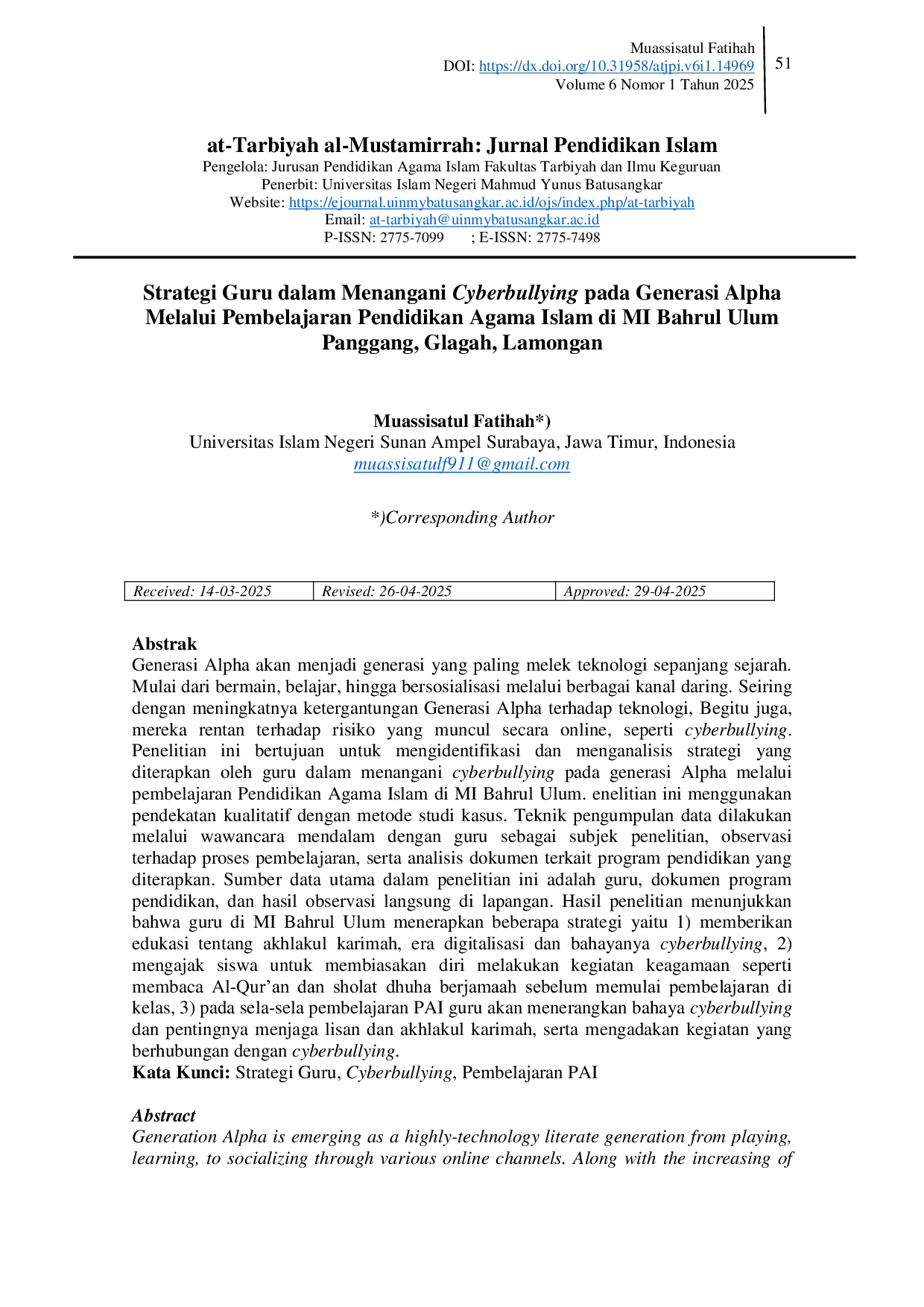 JURIS Strategi Guru Dalam Menangani Cyberbullying Pada Generasi Alpha Melalui Pembelajaran Pendidikan Agama Islam Studi Kasus di MI Bahrul Ulum