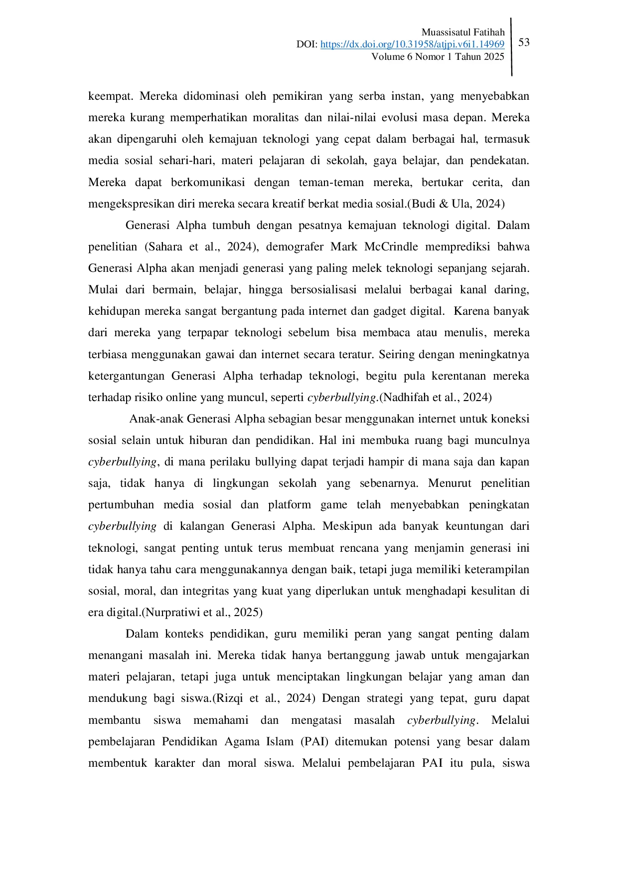 JURIS Strategi Guru Dalam Menangani Cyberbullying Pada Generasi Alpha Melalui Pembelajaran Pendidikan Agama Islam Studi Kasus di MI Bahrul Ulum