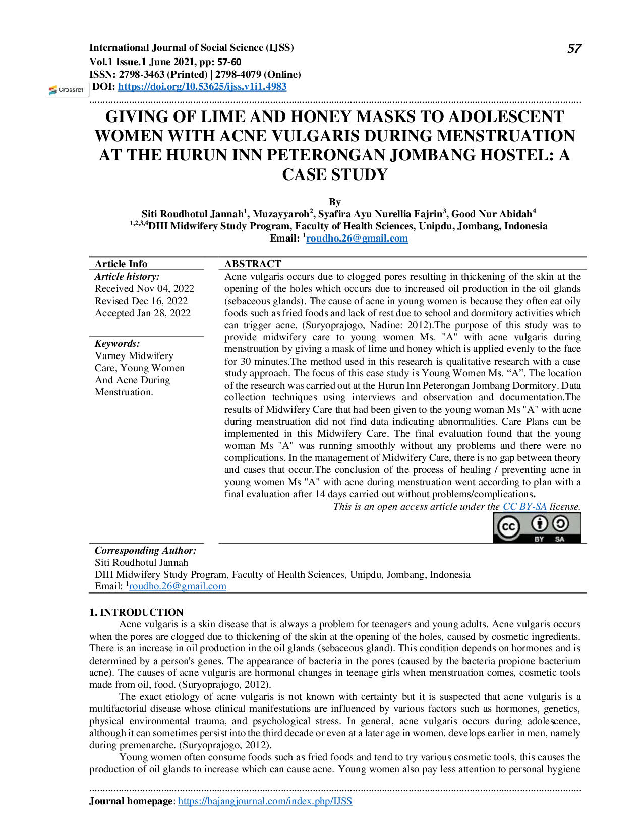 JURIS Pemberian Masker Limun Dan Madu Pada Remaja Putri Dengan Jerawat Vulgaris Selama Menstruasi Di Asrama Hurun Inn Peterongan Jombang Studi Kasus