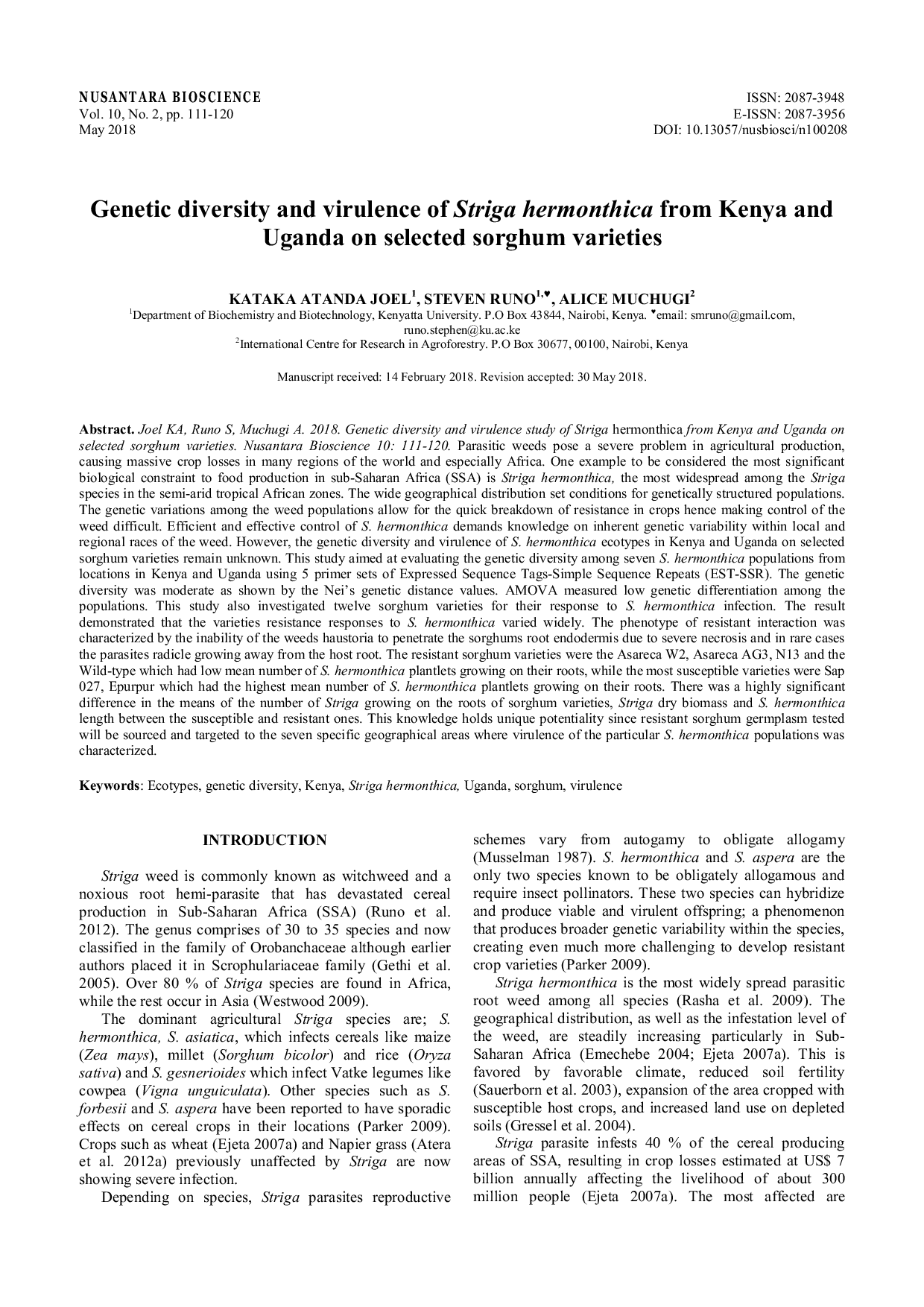 JURIS Genetic diversity and virulence of Striga hermonthica from Kenya and Uganda on selected sorghum varieties
